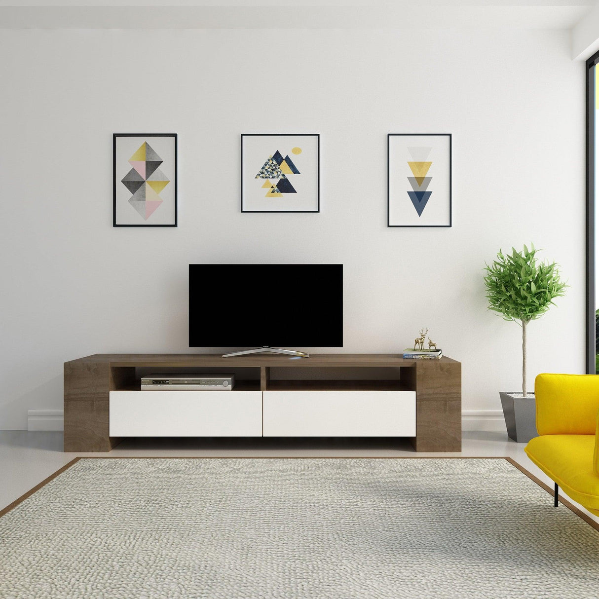 Comodă TV Sosruko, Diverse culori, 155x35x35 cm - Nuc - Alb | SKU: 875ZNA3032 | Comodă TV Sosruko, 155x35x35 cm, varianta Nuc - Alb, produs pentru amenajarea locuinței, disponibil online în România la CasaMob