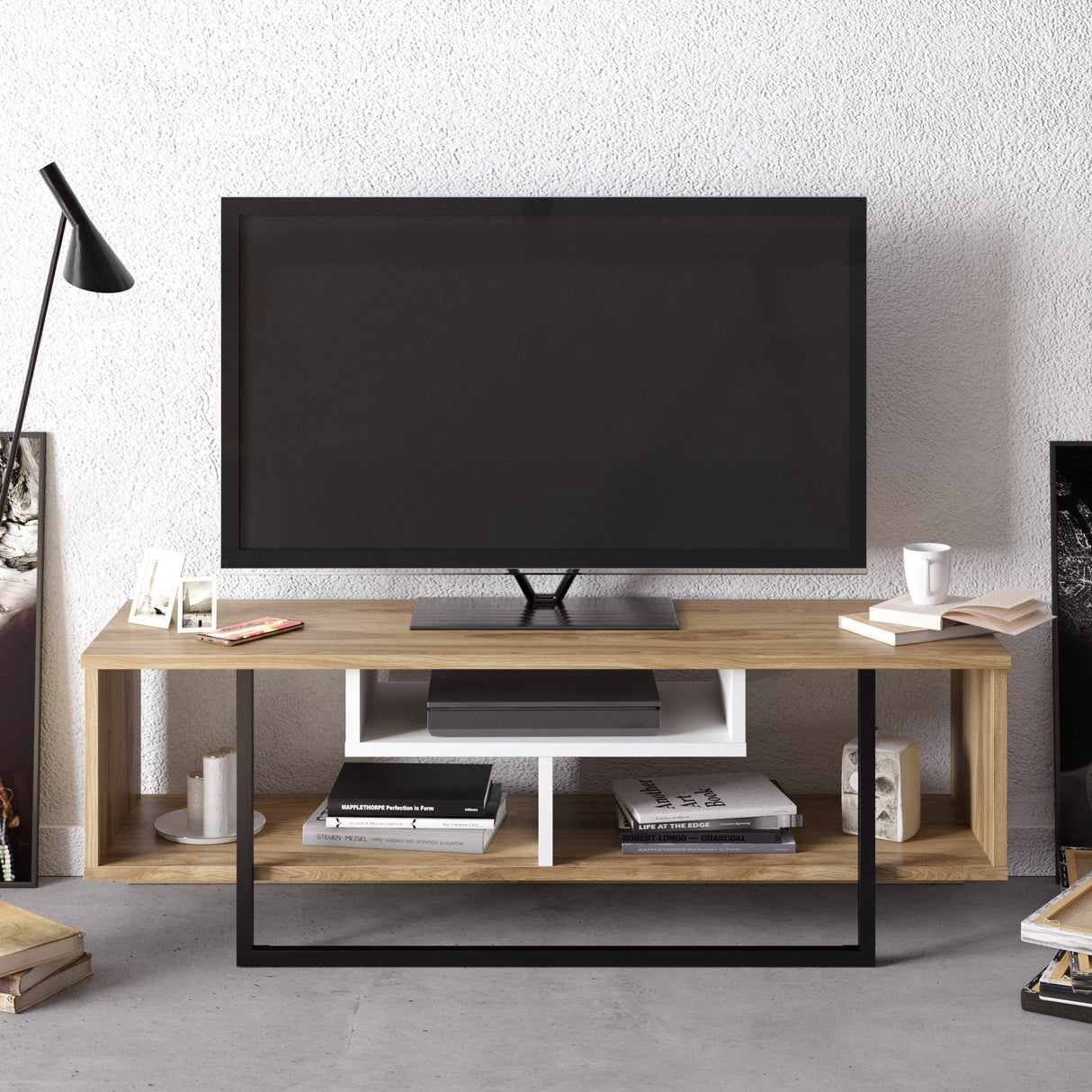 Comodă TV Asal (120), Diverse culori, 119x35x40 cm - Alb - Negru - Stejar | SKU: 875ZNA3048 | Comodă TV Asal (120), 119x35x40 cm, varianta Alb - Negru - Stejar, produs pentru amenajarea locuinței, disponibil online în România la CasaMob