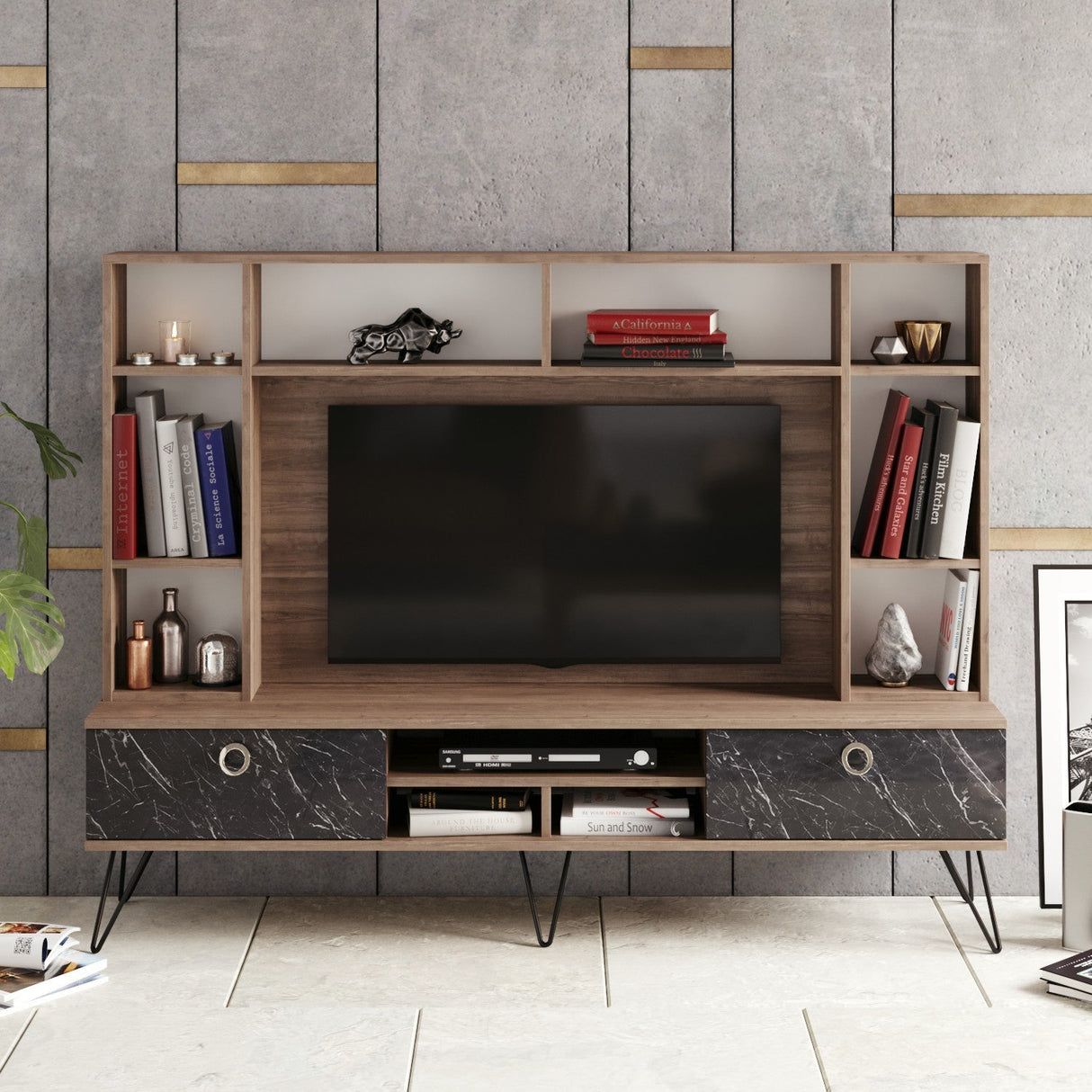 Comodă TV Lorenz, Nuc - Negru, Diverse dimensiuni - 180x35x136 cm | SKU: 875ZNA3054 | Comodă TV Lorenz, Nuc - Negru, varianta 180x35x136 cm, produs pentru amenajarea locuinței, disponibil online în România la CasaMob