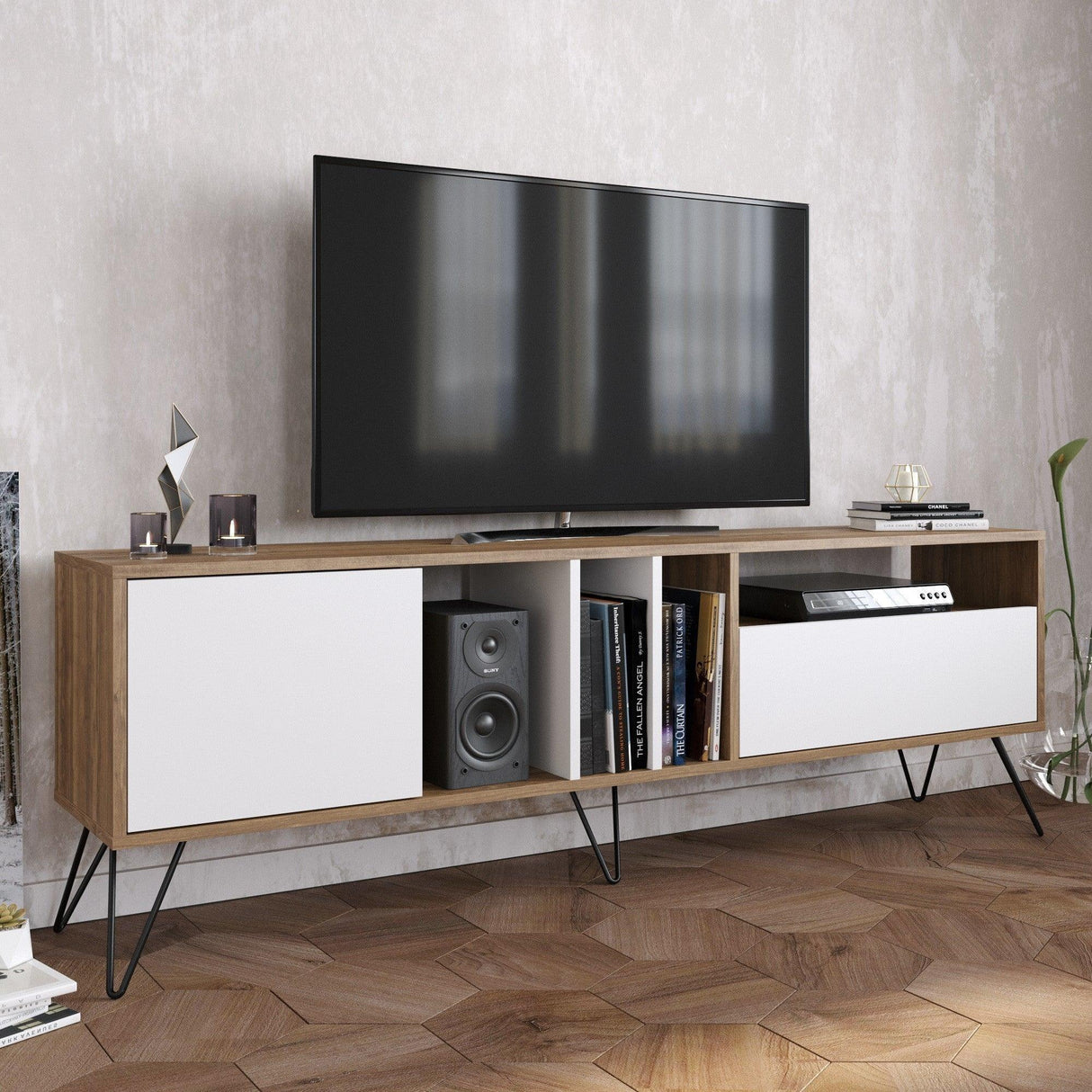 Comodă TV Mistico (180), Diverse culori, 180x36x59 cm - Nuc - Negru - Alb | SKU: 875ZNA3057 | Comodă TV Mistico (180), 180x36x59 cm, varianta Nuc - Negru - Alb, produs pentru amenajarea locuinței, disponibil online în România la CasaMob