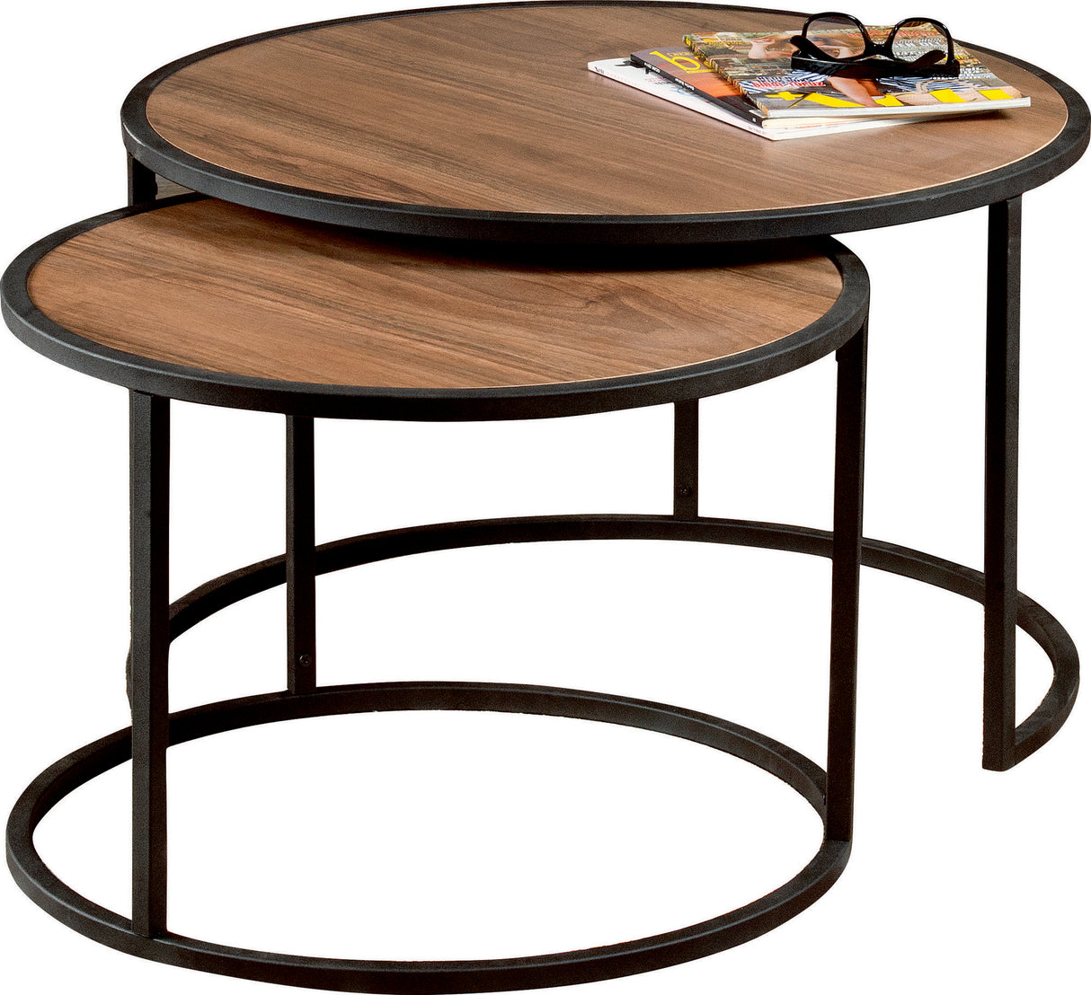 Set 2 măsuțe de cafea Tambur, Nuc - Negru, 66x66x43 cm