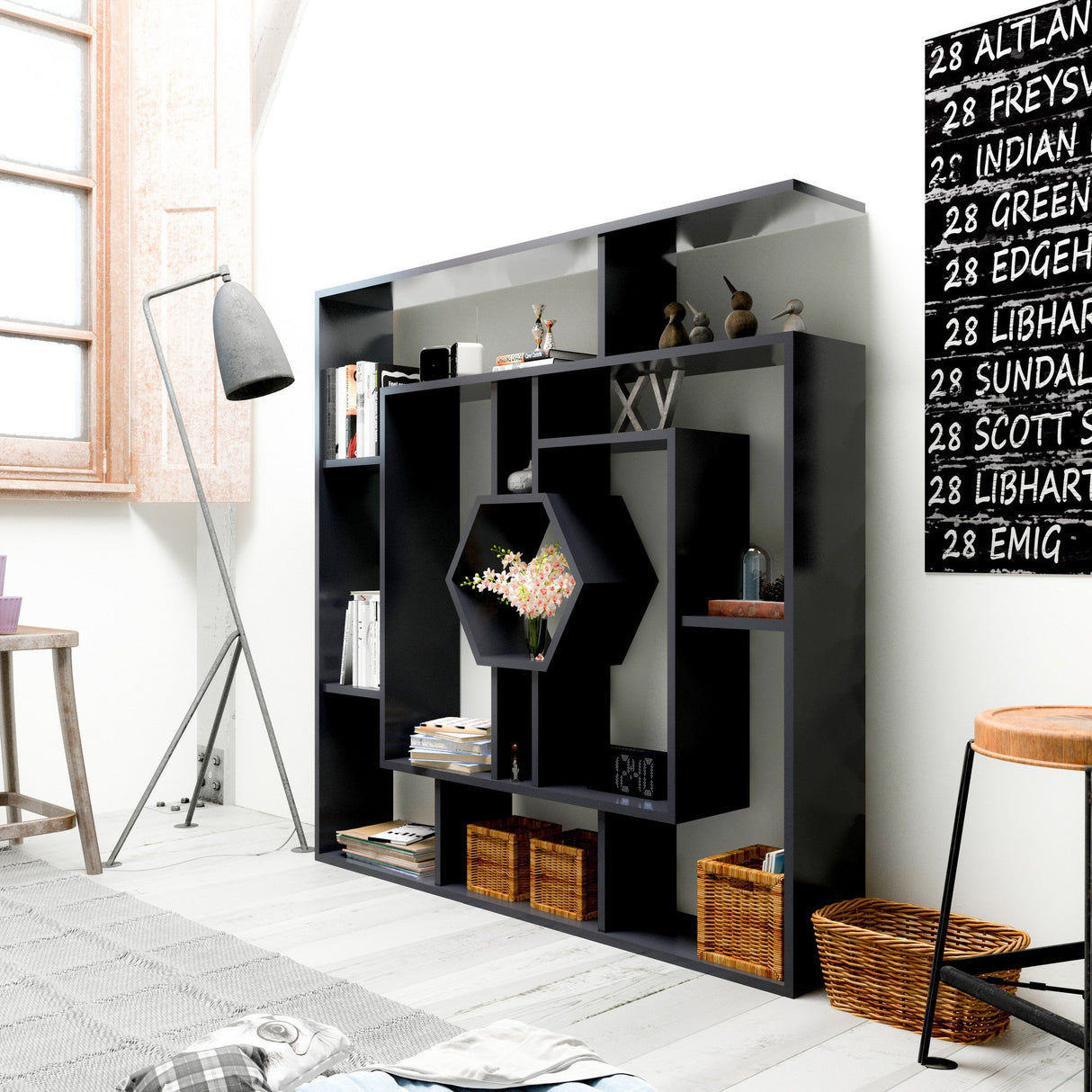 Bibliotecă Labrina, Diverse culori, 134x22x134 cm - Negru | SKU: 875ZNA3643 | Bibliotecă Labrina, 134x22x134 cm, varianta Negru, produs pentru amenajarea locuinței, disponibil online în România la CasaMob