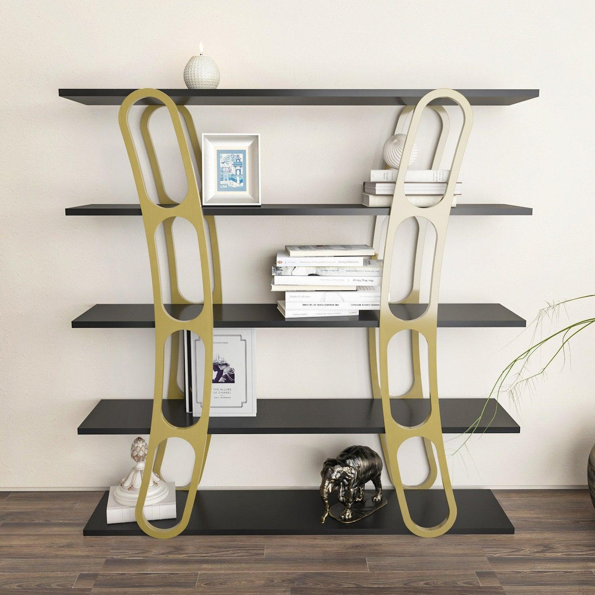 Biblioteca Dara Dessign 3D cu 5 Rafturi, 120 X 120 X 25 Cm - Auriu Negru, SKU 875ZNA4503
