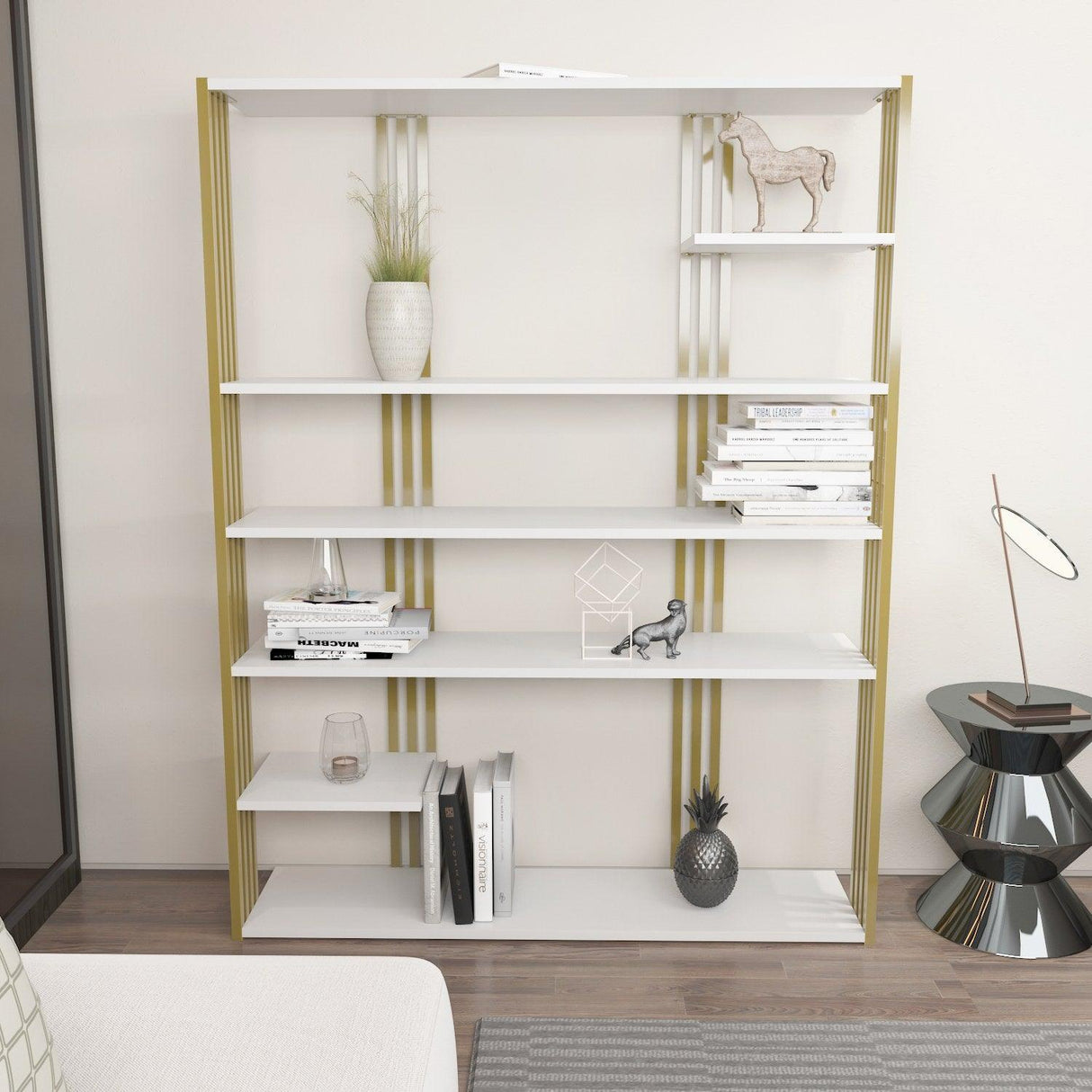 Biblioteca Manny Elegant, 6 Rafturi, 120 X 160 X 30 Cm - Auriu alb, SKU 875ZNA4519