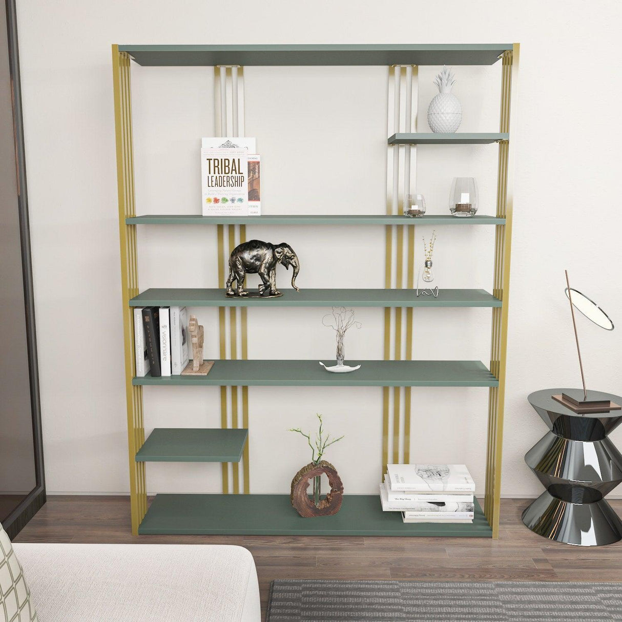 Biblioteca Manny Elegant, 6 Rafturi, 120 X 160 X 30 Cm - Auriu verde, SKU 875ZNA4519