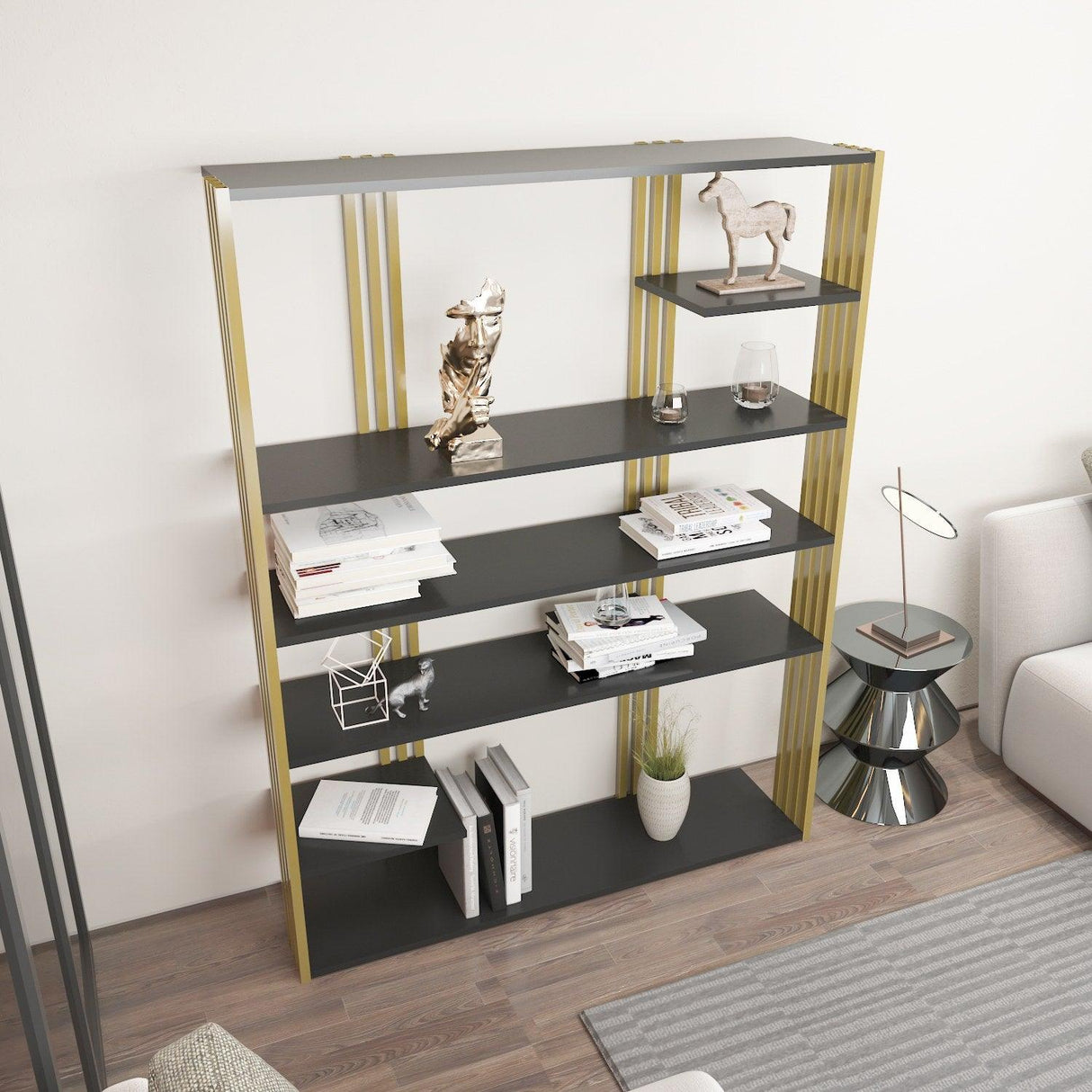 Biblioteca Manny Elegant, 6 Rafturi, 120 X 160 X 30 Cm - Auriu antracit, SKU 875ZNA4519