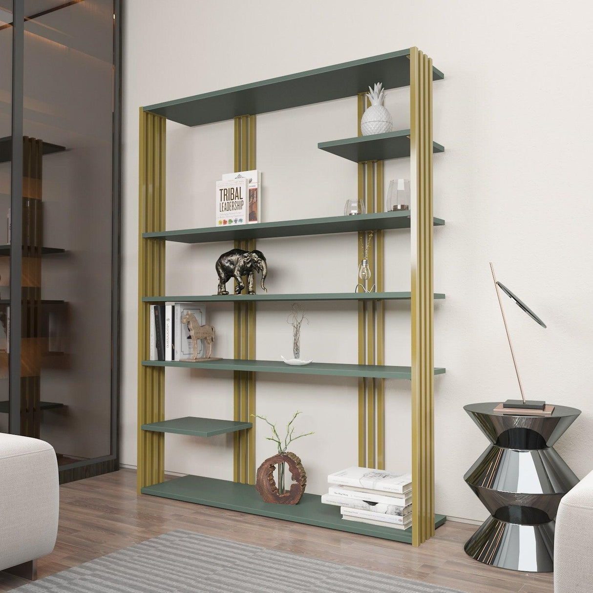 Biblioteca Manny Elegant, 6 Rafturi, 120 X 160 X 30 Cm - Auriu verde, SKU 875ZNA4519