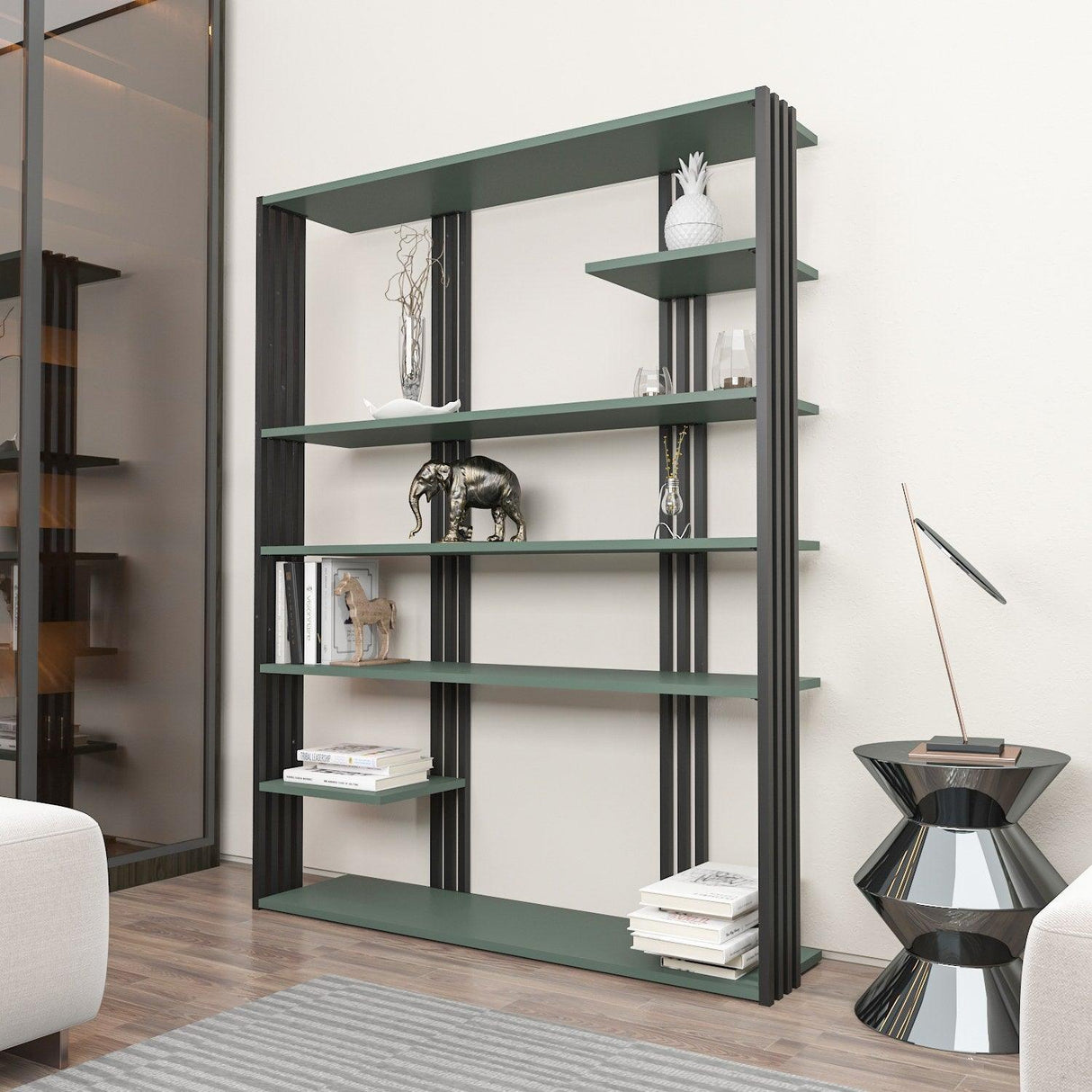 Biblioteca Manny Elegant, 6 Rafturi, 120 X 160 X 30 Cm - Verde Negru, SKU 875ZNA4519