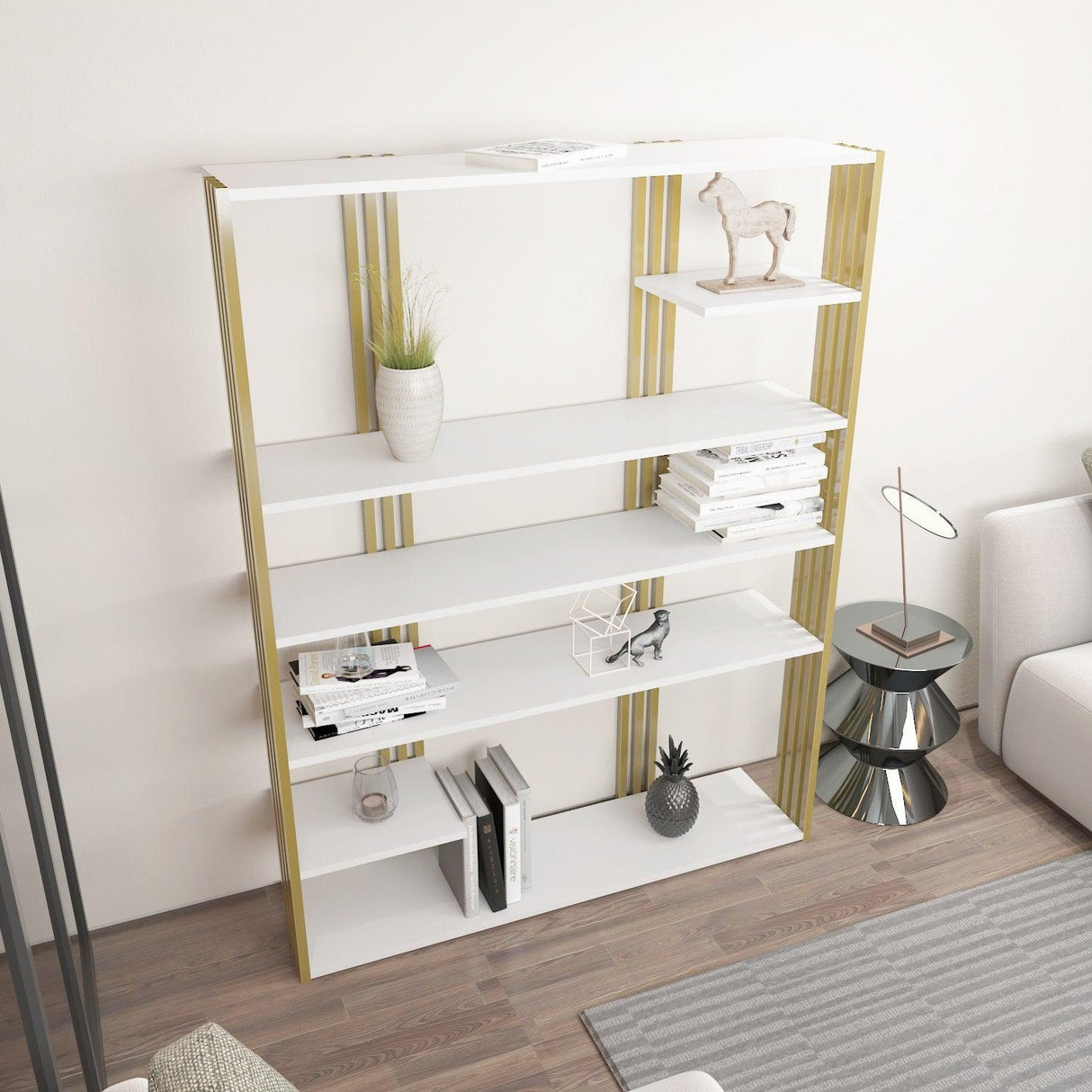 Biblioteca Manny Elegant, 6 Rafturi, 120 X 160 X 30 Cm - Auriu alb, SKU 875ZNA4519