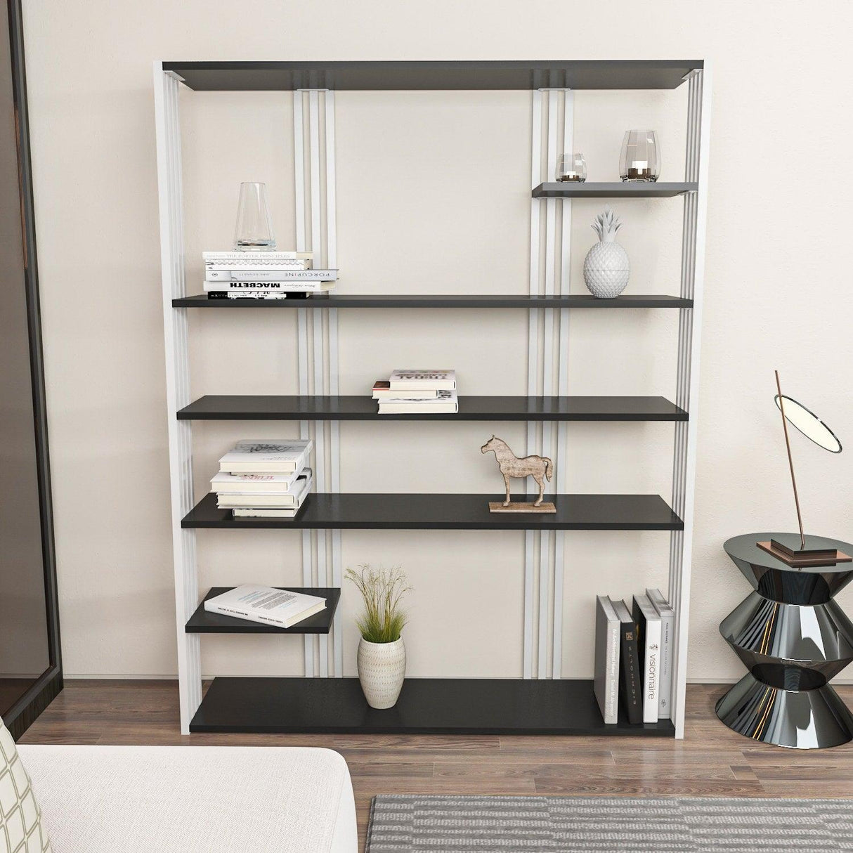Biblioteca Manny Elegant, 6 Rafturi, 120 X 160 X 30 Cm - Alb antracit, SKU 875ZNA4519