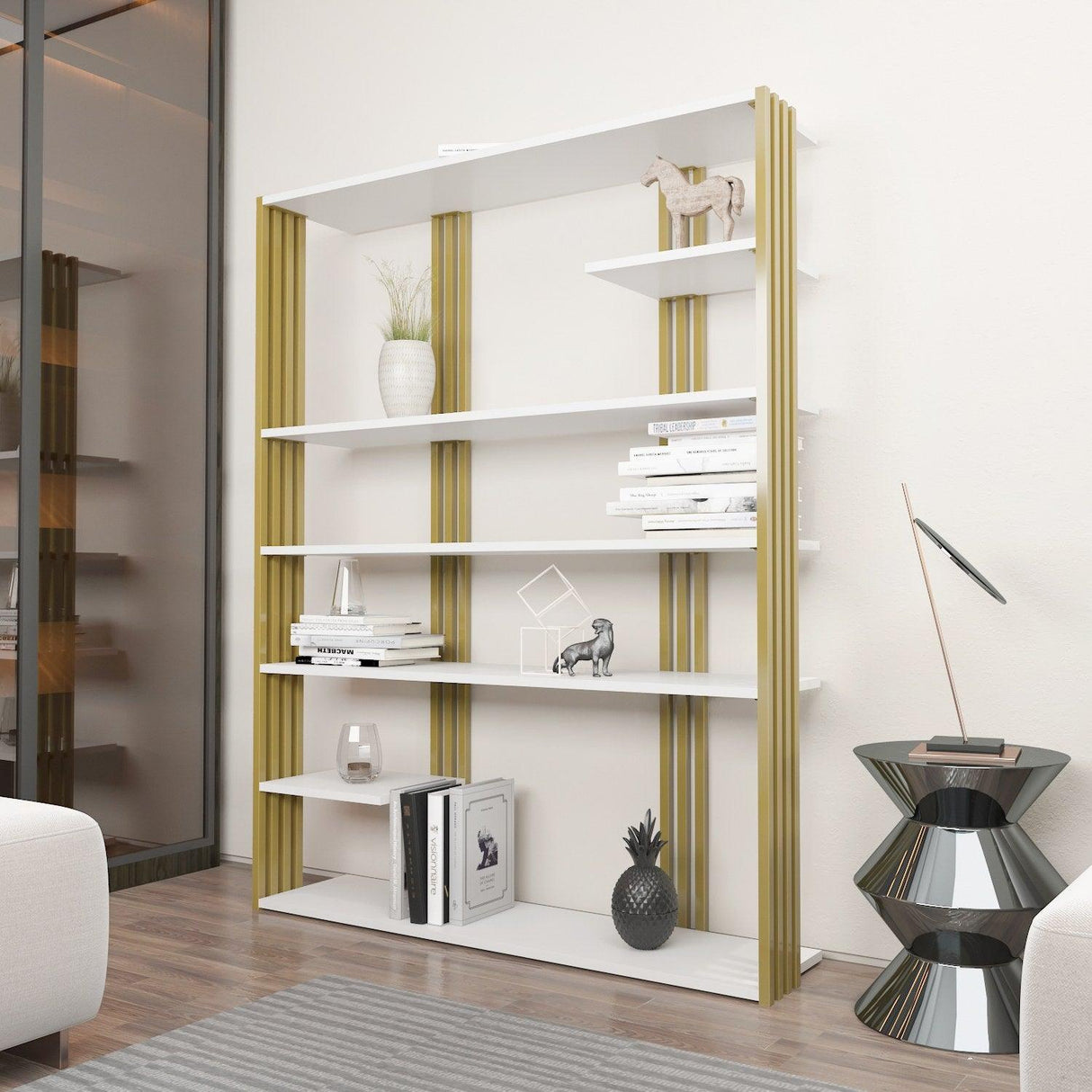 Biblioteca Manny Elegant, 6 Rafturi, 120 X 160 X 30 Cm - Auriu alb, SKU 875ZNA4519