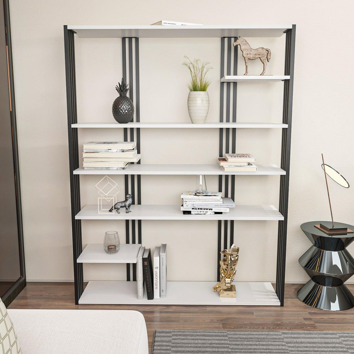 Biblioteca Manny Elegant, 6 Rafturi, 120 X 160 X 30 Cm - Alb negru, SKU 875ZNA4519
