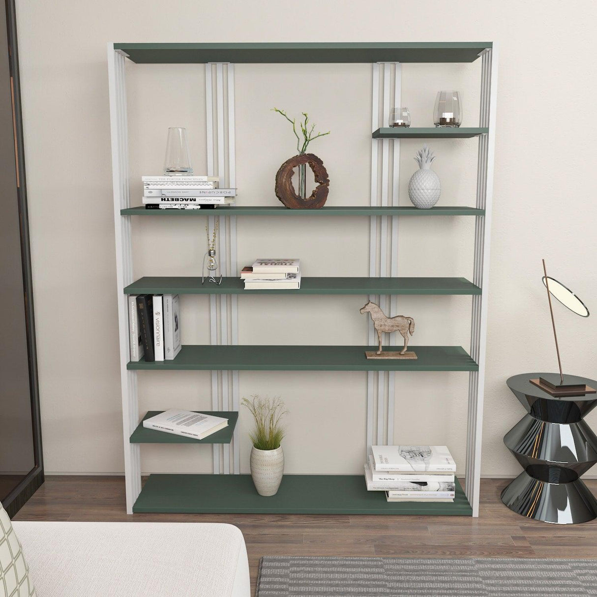 Biblioteca Manny Elegant, 6 Rafturi, 120 X 160 X 30 Cm - Verde Alb, SKU 875ZNA4519