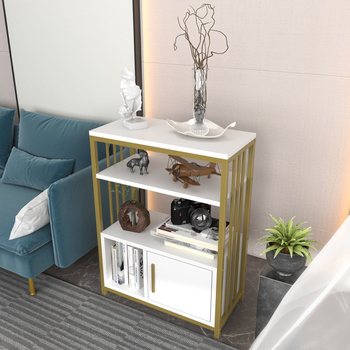 Bibliotecă Letos, Diverse culori, 60x30x80 cm - Alb - Auriu | SKU: 875ZNA4532 | Bibliotecă Letos, 60x30x80 cm, varianta Alb - Auriu, produs pentru amenajarea locuinței, disponibil online în România la CasaMob