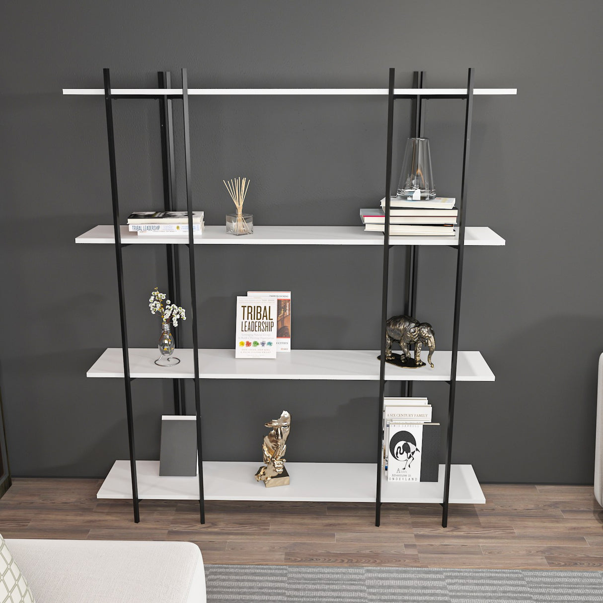 Bibliotecă Moss, Alb - Negru, 160x30x180 cm