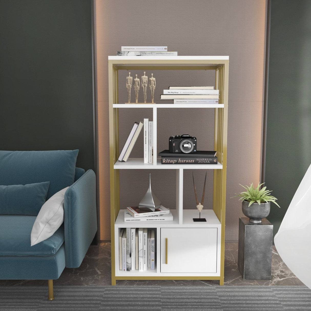 Bibliotecă Valero, Diverse culori, 60x30x120 cm - Alb - Auriu | SKU: 875ZNA4568 | Bibliotecă Valero, 60x30x120 cm, varianta Alb - Auriu, produs pentru amenajarea locuinței, disponibil online în România la CasaMob