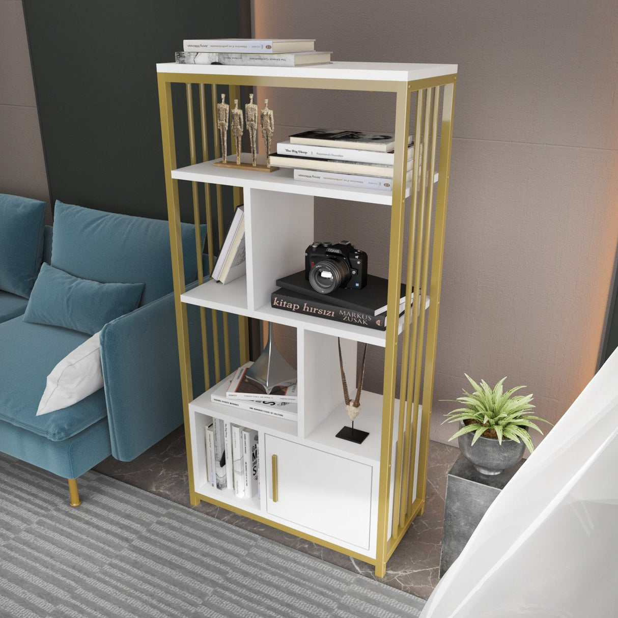 Bibliotecă Valero, Diverse culori, 60x30x120 cm - Alb - Auriu | SKU: 875ZNA4568 | Bibliotecă Valero, 60x30x120 cm, varianta Alb - Auriu, produs pentru amenajarea locuinței, disponibil online în România la CasaMob