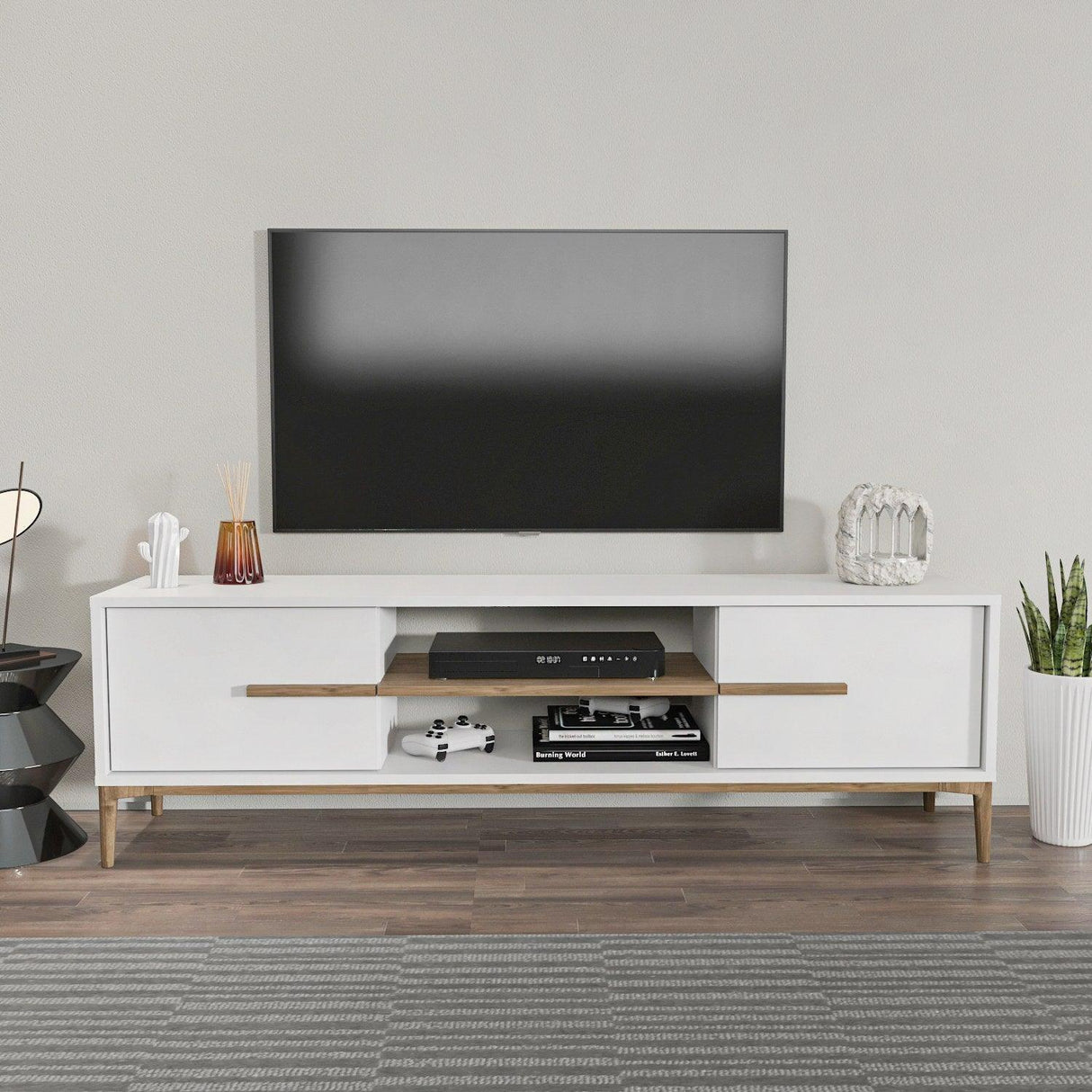 Comoda Tv Eslem cu 2 Raft si 2 Usi, 120 X 43 X 30 Cm - Nuc Alb, SKU 875ZNA4593