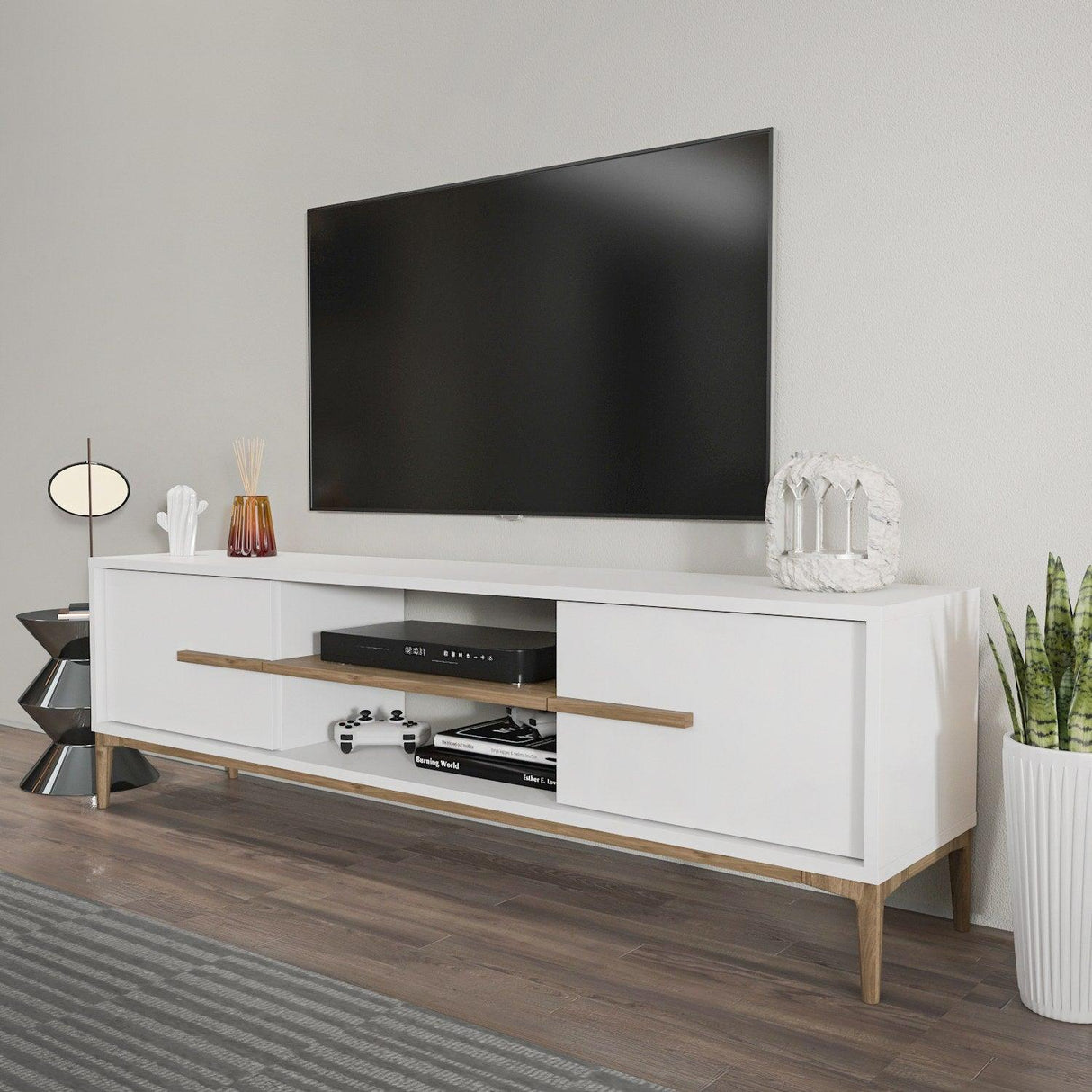 Comoda Tv Eslem cu 2 Raft si 2 Usi, 120 X 43 X 30 Cm - Nuc Alb, SKU 875ZNA4593