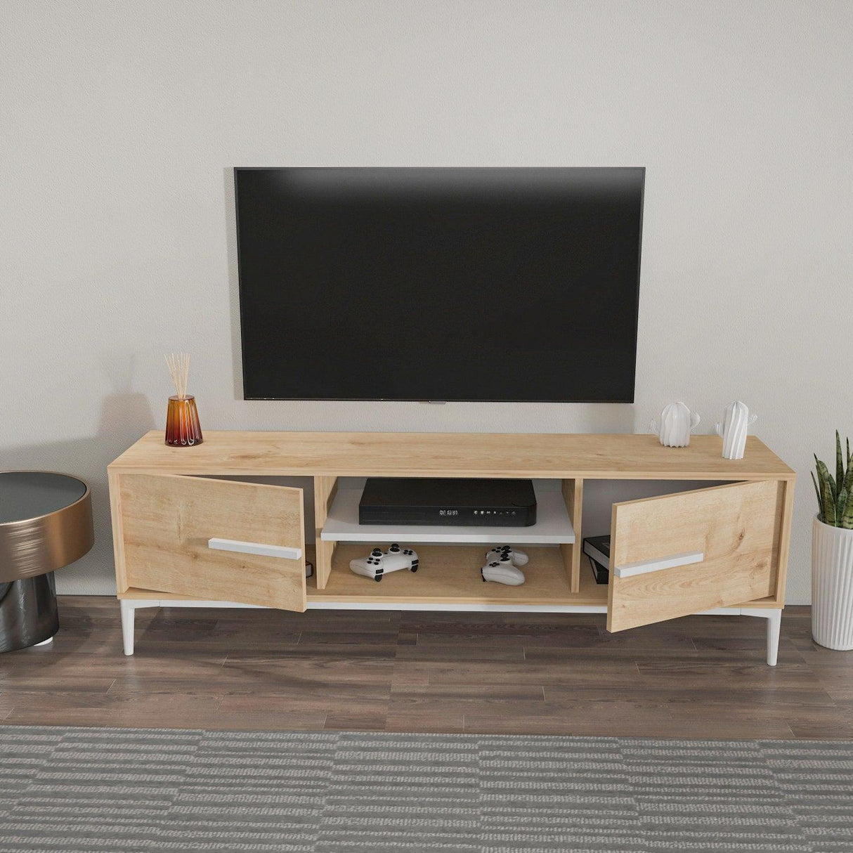 Comoda Tv Eslem cu 2 Raft si 2 Usi, 120 X 43 X 30 Cm - Stejar Alb, SKU 875ZNA4593