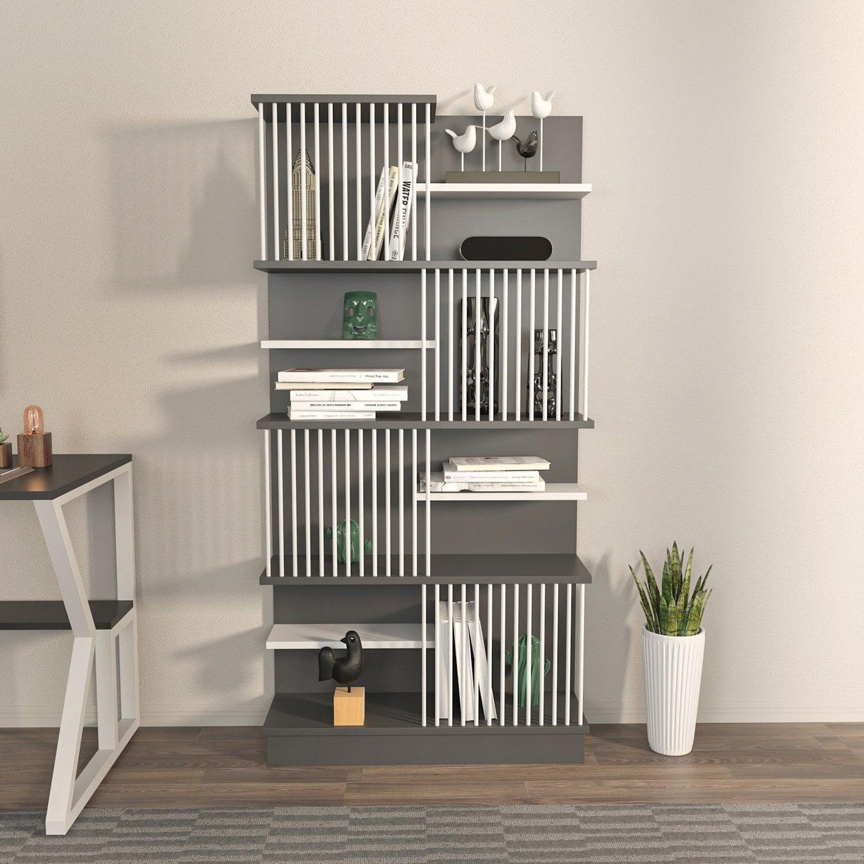 Biblioteca Sanali cu 9 Rafturi, 80 X 160 X 25 Cm - Alb antracit, SKU 875ZNA4605