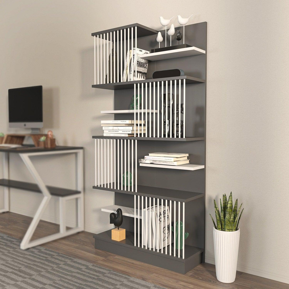 Biblioteca Sanali cu 9 Rafturi, 80 X 160 X 25 Cm - Alb antracit, SKU 875ZNA4605