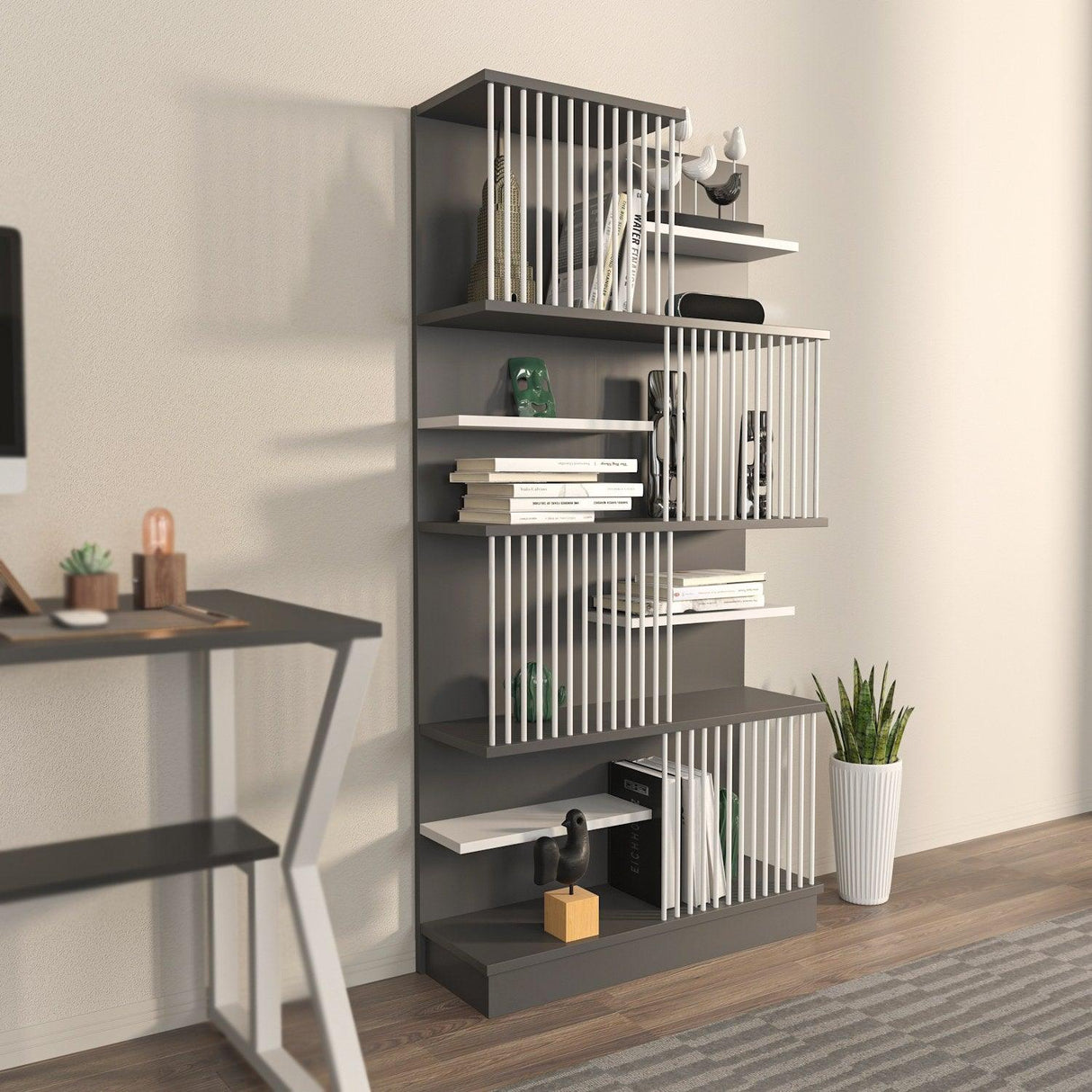 Biblioteca Sanali cu 9 Rafturi, 80 X 160 X 25 Cm - Alb antracit, SKU 875ZNA4605