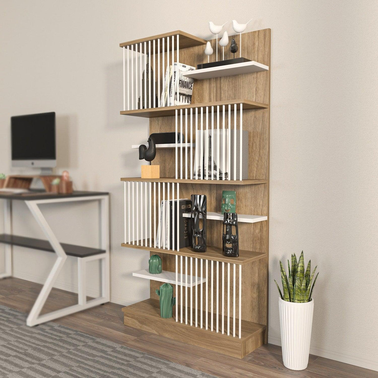 Biblioteca Sanali cu 9 Rafturi, 80 X 160 X 25 Cm - Stejar Alb, SKU 875ZNA4605