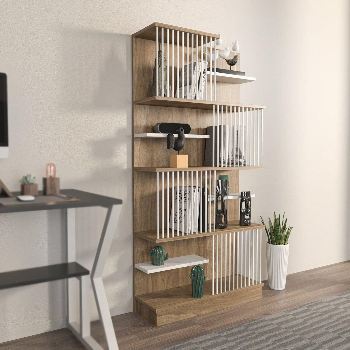 Biblioteca Sanali cu 9 Rafturi, 80 X 160 X 25 Cm - Stejar Alb, SKU 875ZNA4605