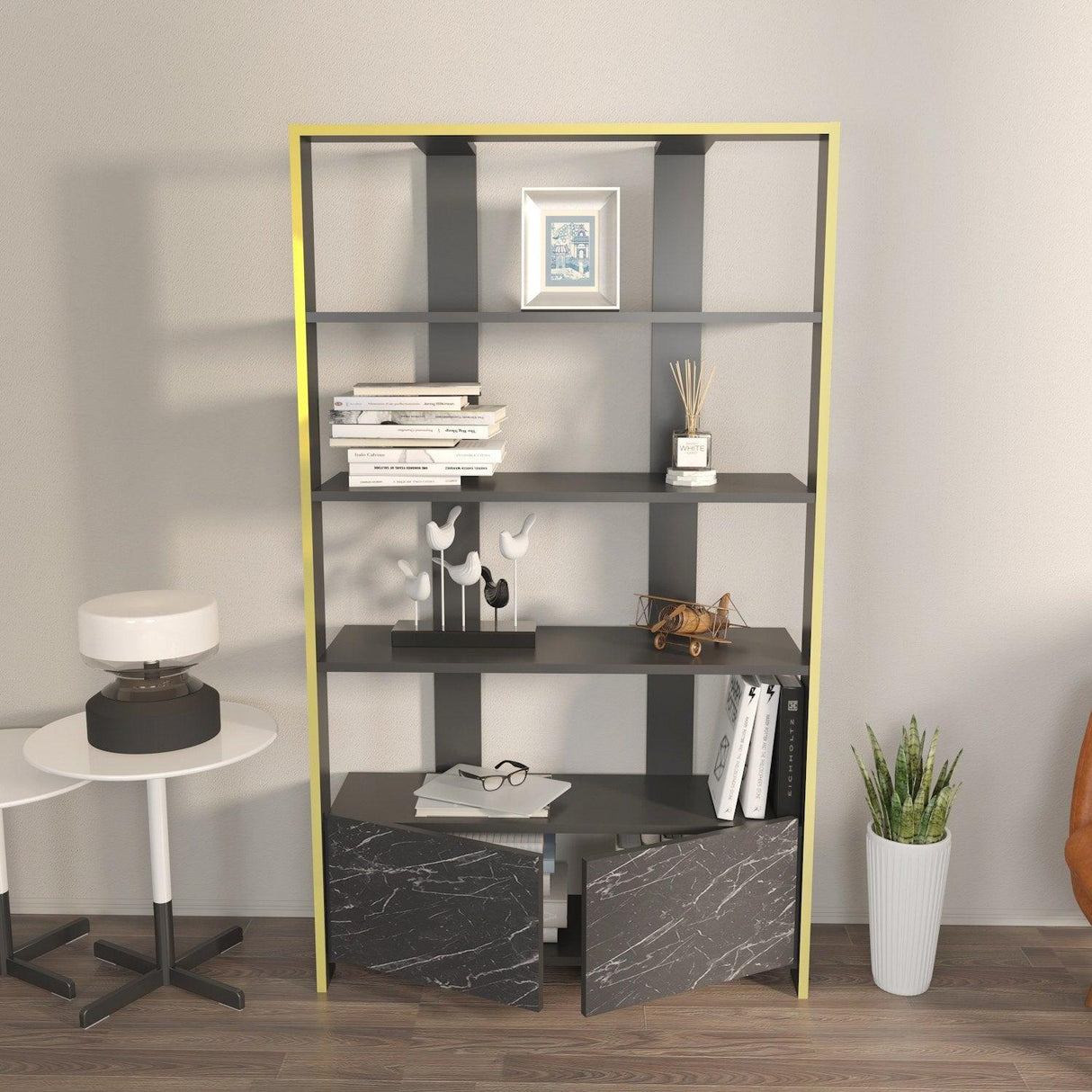 Biblioteca Elly cu 2 Usi si 5 Rafturi,  93 X 160 X 32 Cm - Marmură neagră, SKU 875ZNA4614