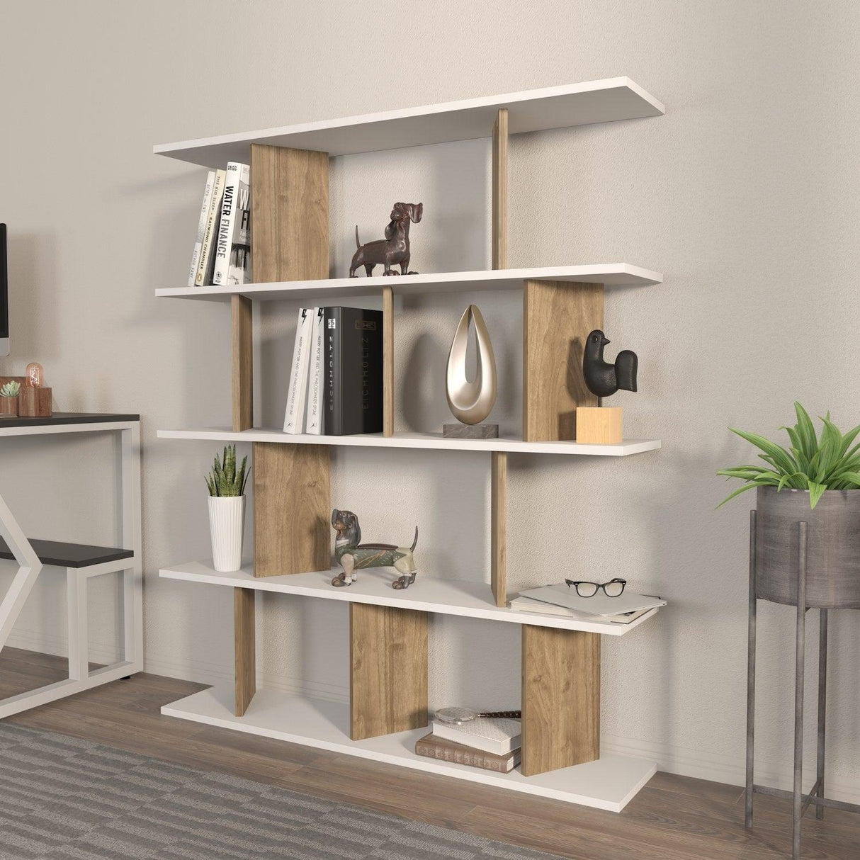 Biblioteca Tipi cu 5 Rafturi, 120 X 141 X 25 Cm - Nuc Alb, SKU 875ZNA4617