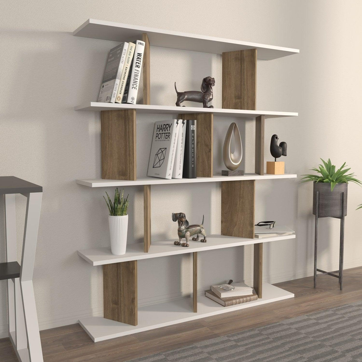 Biblioteca Tipi cu 5 Rafturi, 120 X 141 X 25 Cm - Nuc Alb, SKU 875ZNA4617