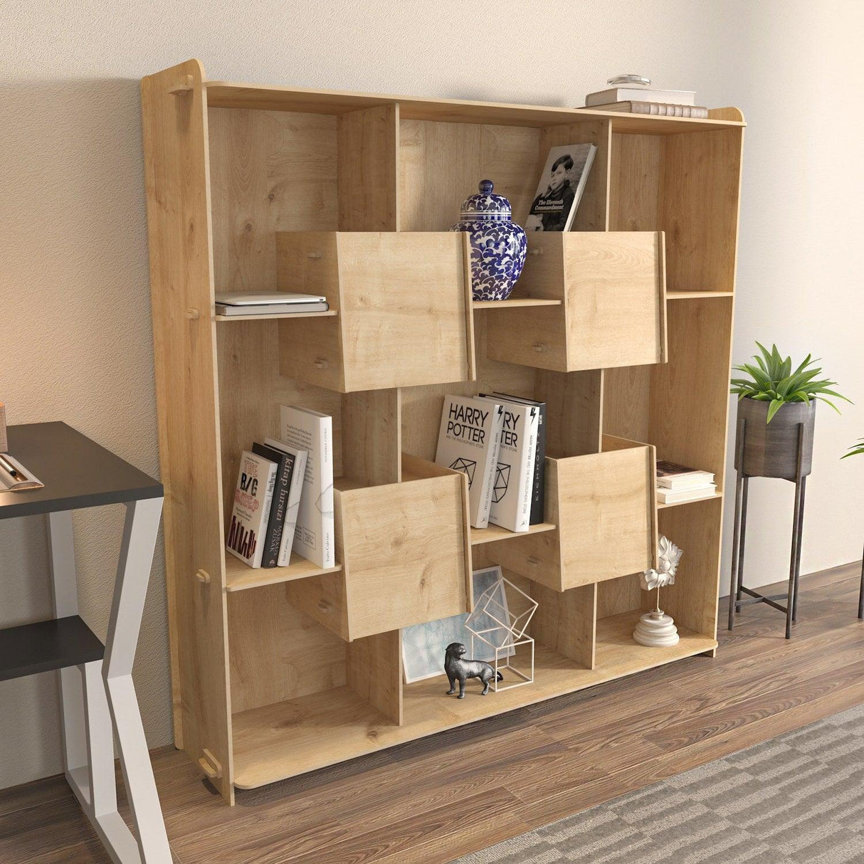 Biblioteca Papito, 9 Rafturi si 4 Compartimente, Stejar, 137 X 138 X 27 Cm
