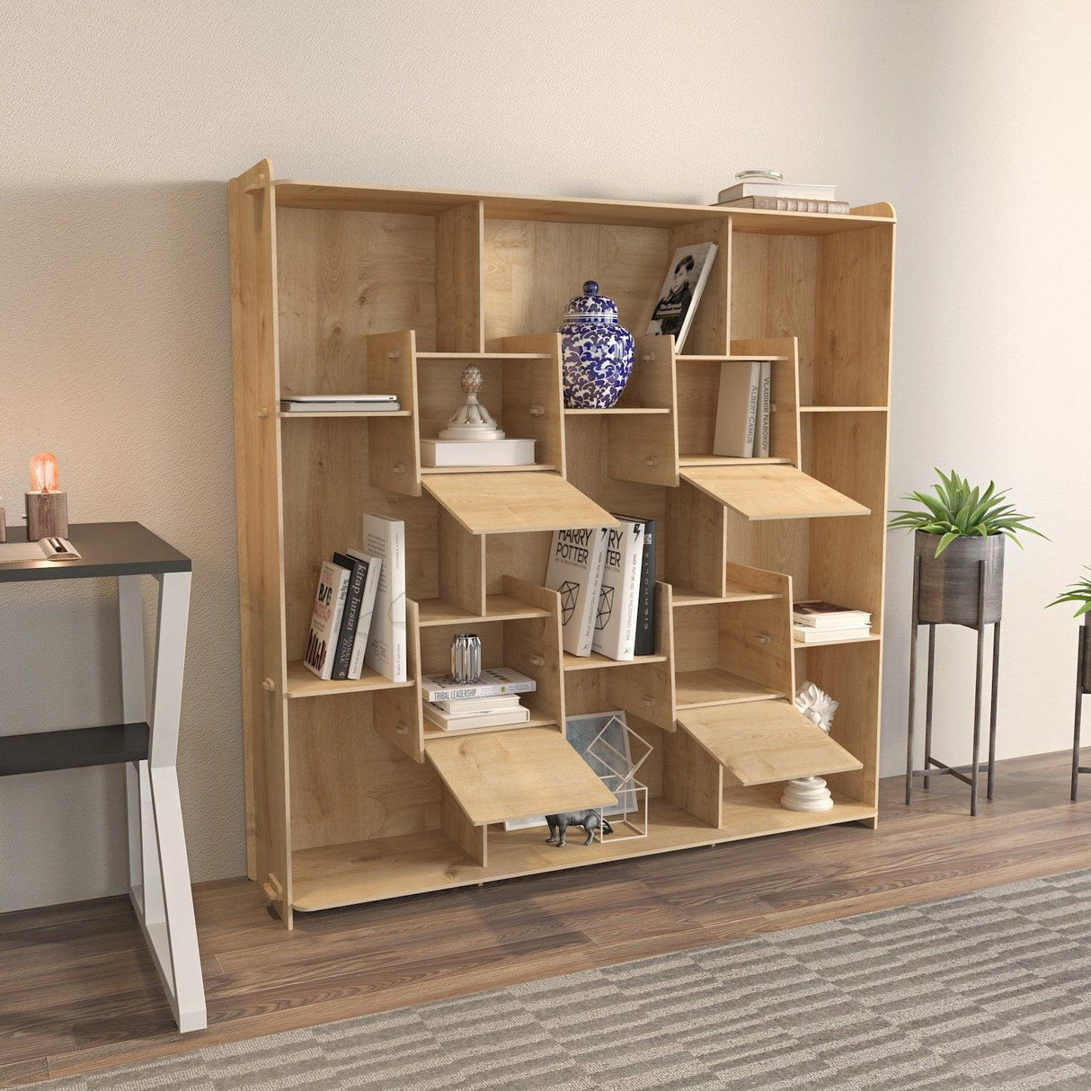 Biblioteca Papito, 9 Rafturi si 4 Compartimente, Stejar, 137 X 138 X 27 Cm