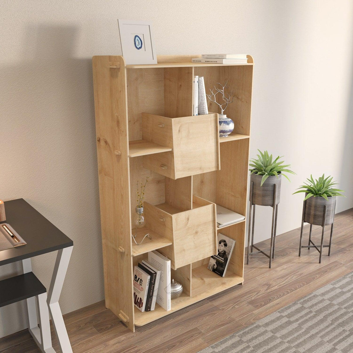 Biblioteca Anap cu 6 Rafturi si 2 Compartimente, Stejar, 83 X 138 X 27 cm