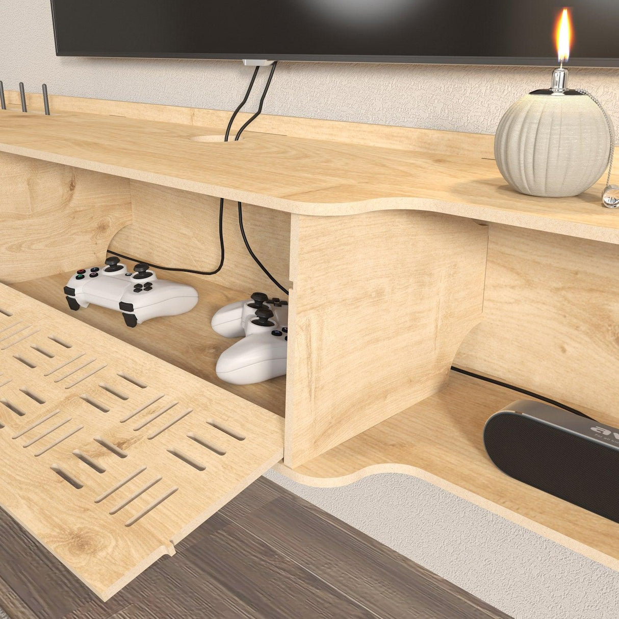 Comoda Tv Pare cu Rafturi si Usa, Stejar, 140 X 25 X 25 Cm