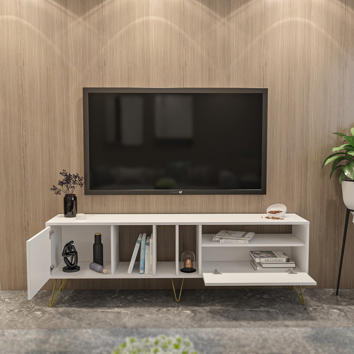 Comodă TV Mistico (180), Diverse culori, 180x36x59 cm - Alb - Auriu | SKU: 875ZNA5308 | Comodă TV Mistico (180), 180x36x59 cm, varianta Alb - Auriu, produs pentru amenajarea locuinței, disponibil online în România la CasaMob