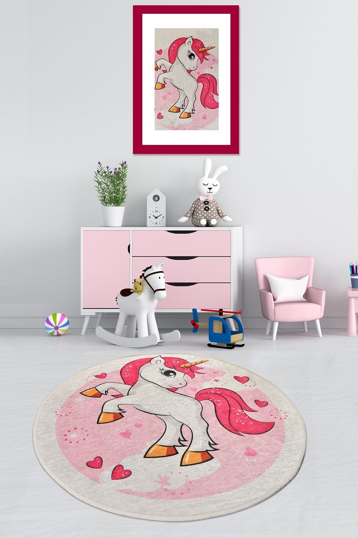 Covor de Copii Rotund Poni, Roz, 140x140 cm