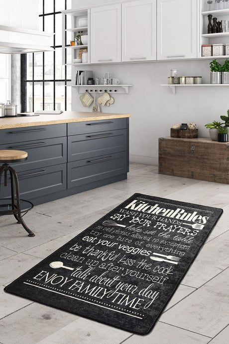 Covor de Bucatarie Kitchen Rules, Lavabil, Antiderepant, Negru, 80x150 cm