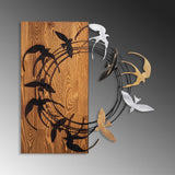 Decorațiune de perete din lemn Spiral Birds 2, Nuc - Negru, 58x58x3 cm