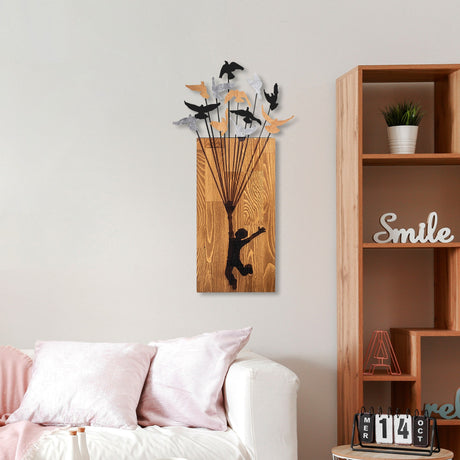 Decorațiune de perete din lemn Flying Boy 2, Nuc - Negru, 45x86x3 cm