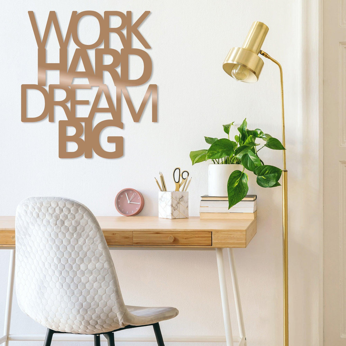 Decoratiune de perete Metal Work Hard Dream Big, 70x1x65 cm - Cupru, SKU 891TNL1105