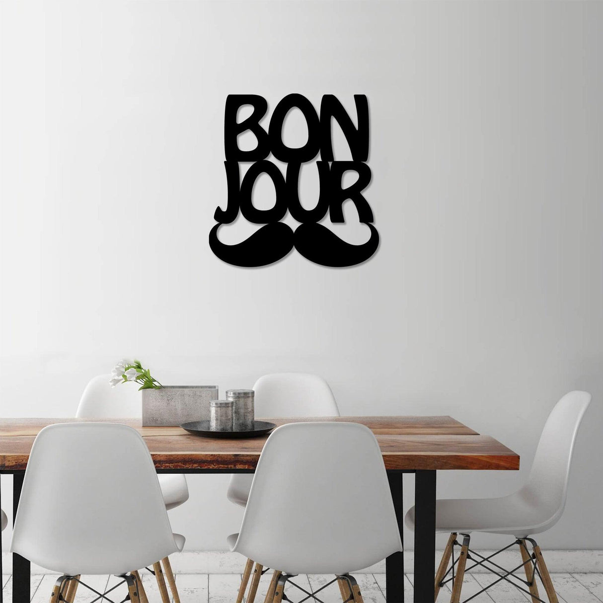 Decorațiune de perete din metal Bonjur, Diverse culori, 49x49x0 cm - Negru | SKU: 891TNL1410 | Decorațiune de perete din metal Bonjur, 49x49x0 cm, varianta Negru, produs pentru amenajarea locuinței, disponibil online în România la CasaMob