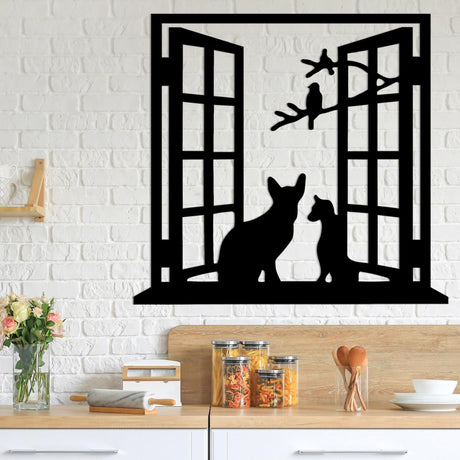 Decoratiune de perete Metal Cat In The Window, Negru, 0x92x100 cm