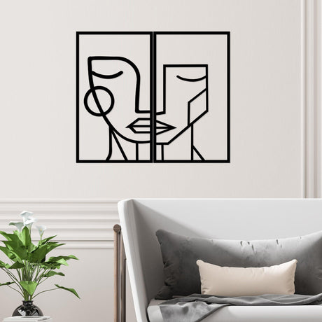 Decoratiune de perete Metal Woman Face, Negru, 66x1x39 cm