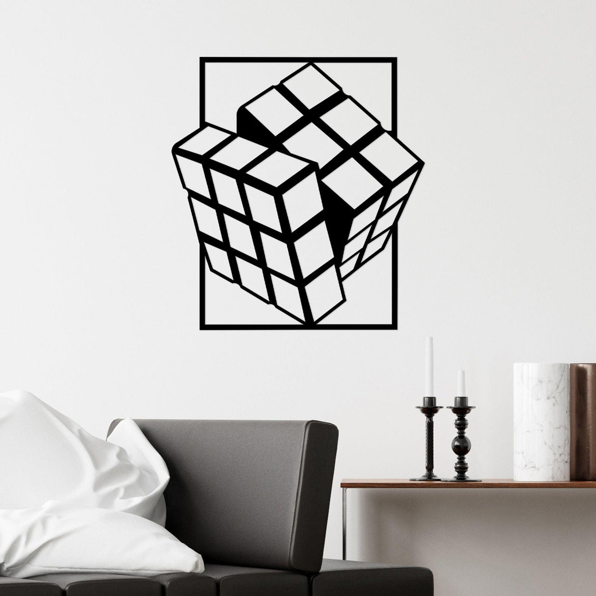 Decoratiune de perete Metal Rubik's Cube, Negru, 69x1x64 cm
