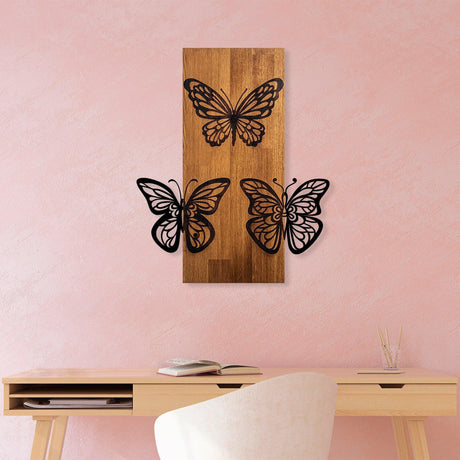 Decoratiune de perete lemn Butterflies wooden deco, Nuc, 47x58x3 cm
