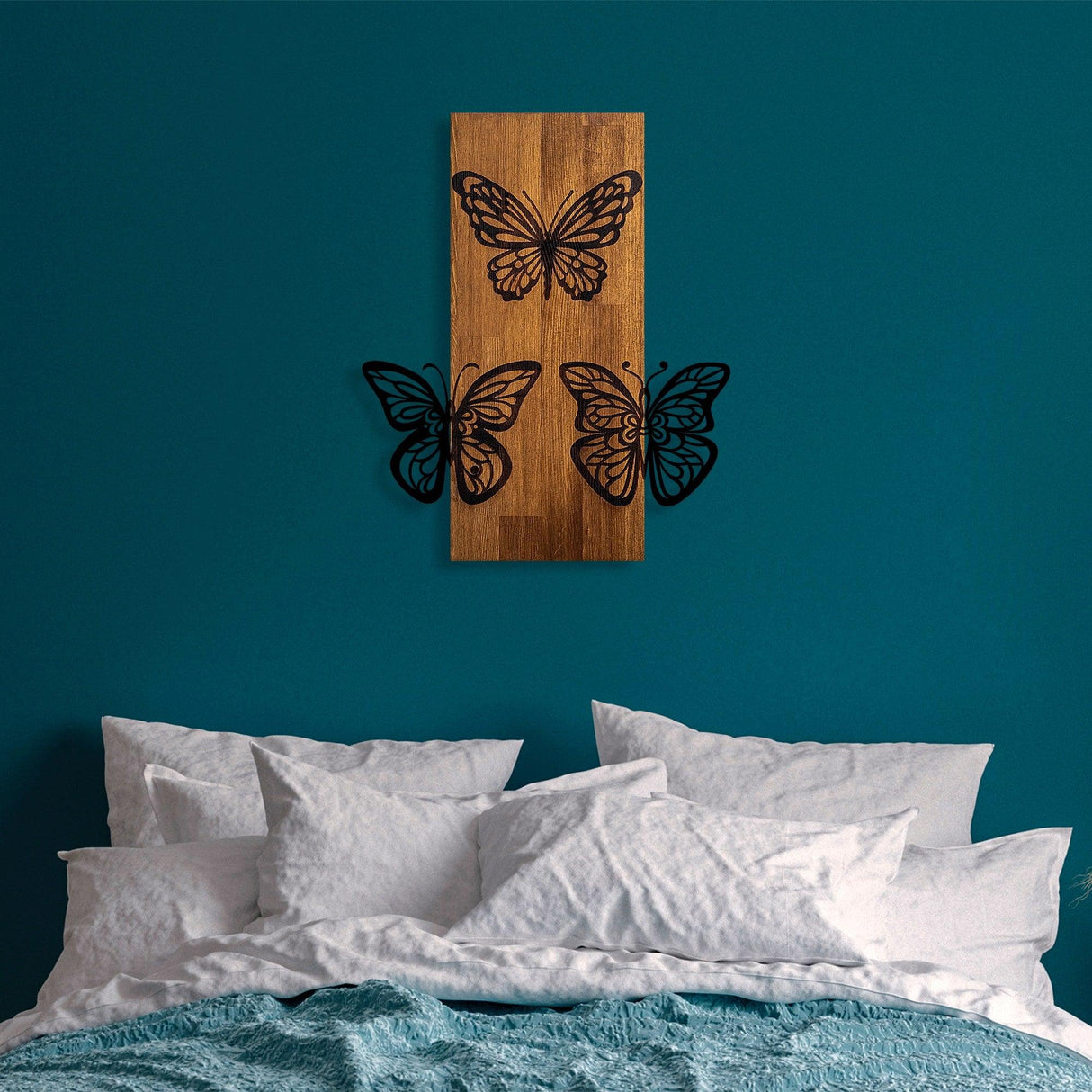 Decoratiune de perete lemn Butterflies wooden deco, Nuc, 47x58x3 cm