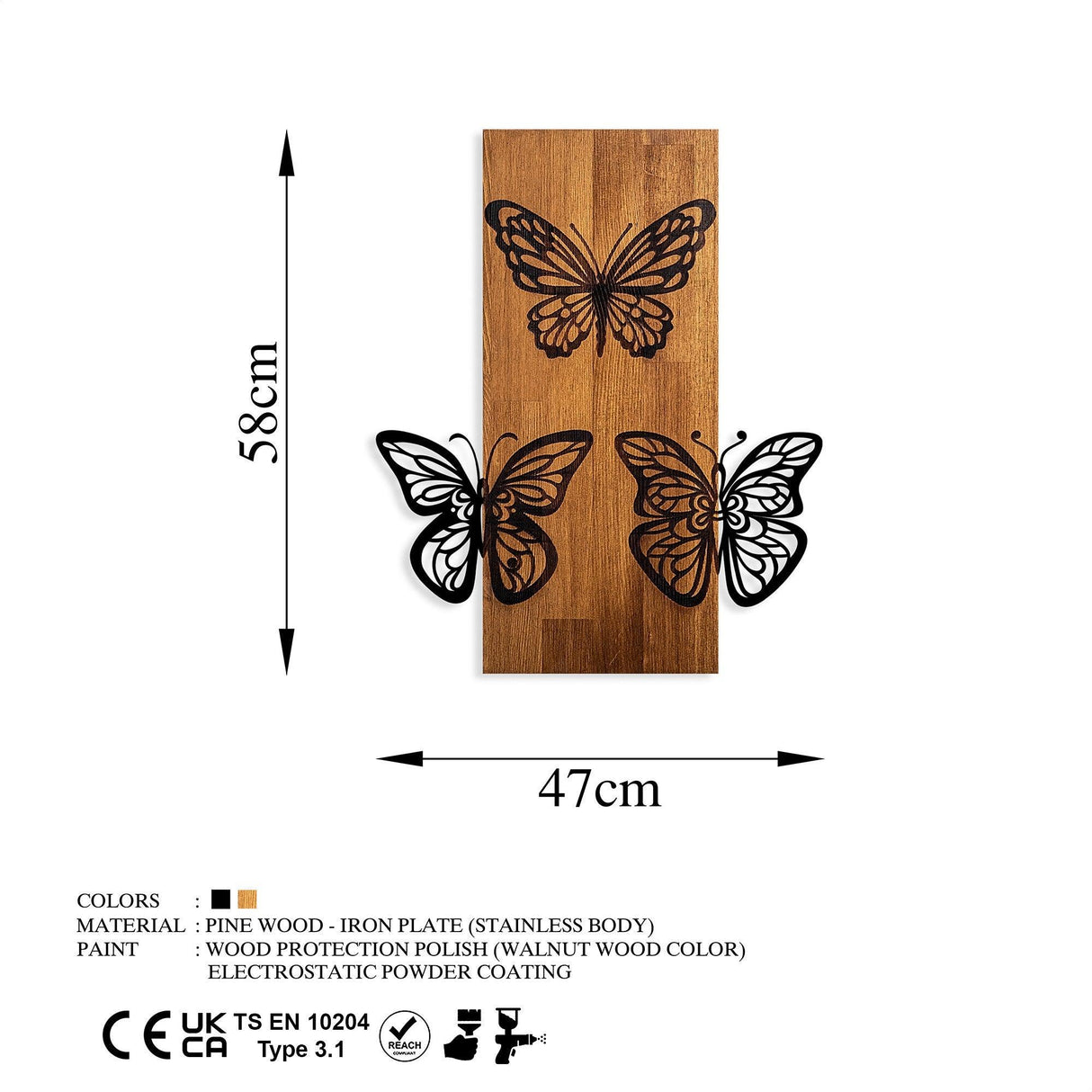 Decoratiune de perete lemn Butterflies wooden deco, Nuc, 47x58x3 cm