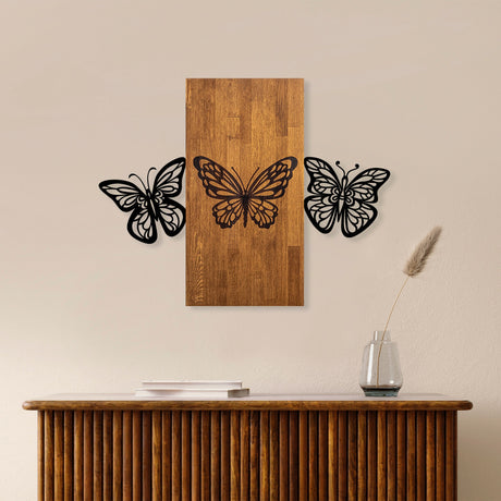 Decorațiune de perete din lemn Butterflies 2, Nuc - Negru, 74x58x3 cm